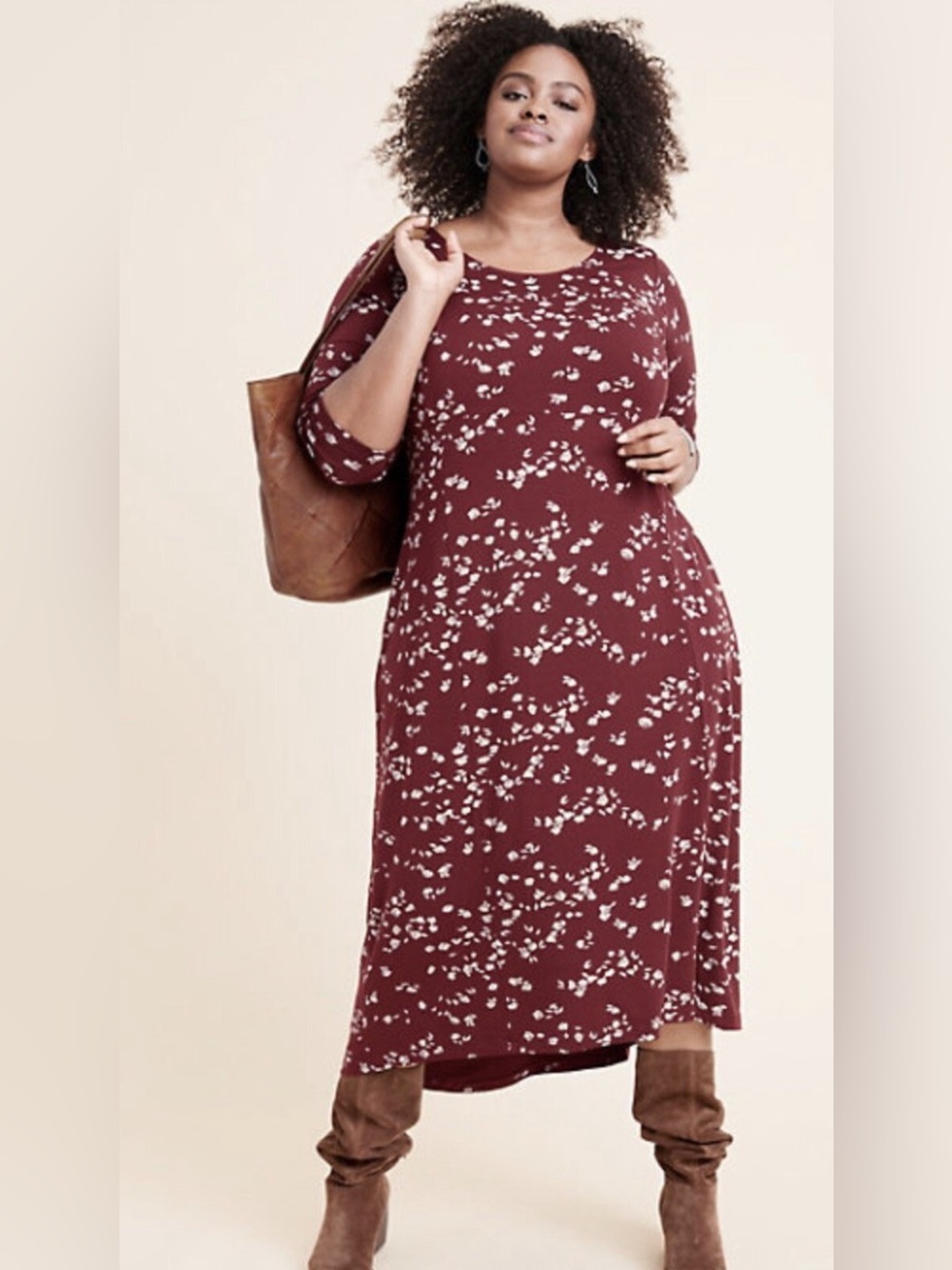 Ryllace Reverie A line Maroon Floral Midi Dress 3/4 Sleeves plus 1X floral fall